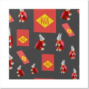 3d rendered rabbit wearing red cheongsam and red angpao envelope seamless pattern perfect for background or wallpaper. Translation : Happiness Posters and Art